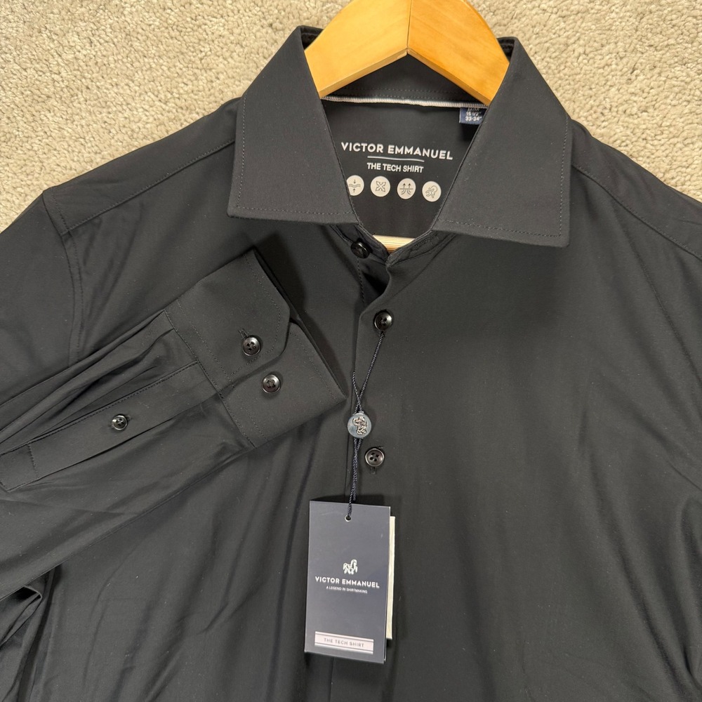 NWT Victor Emmanuel The Tech Shirt Men's M 15.5 33-34 Black Long Sleeve Stretch